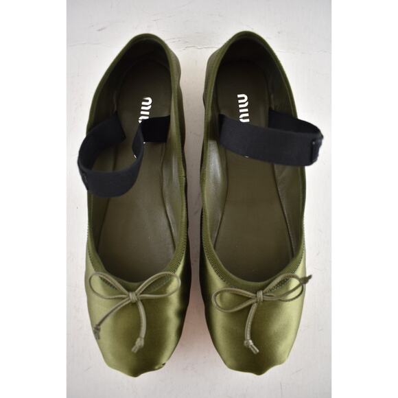 Miu Miu Satin Oliva Green Black White Logo Strap Ballet Ballerina Flats 39.5 - Picture 12 of 16